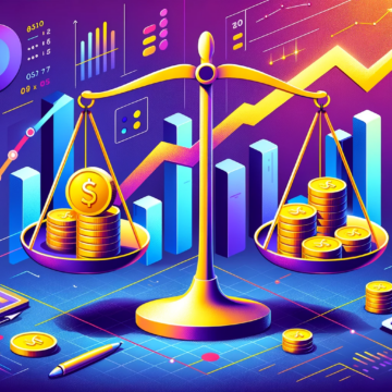 a symbolic balance scale with one side holding gold coins or symbolic paper currency to represent a media budget, and the other side featuring graphic elements such as ascending arrows or a rising bar chart to represent performance.